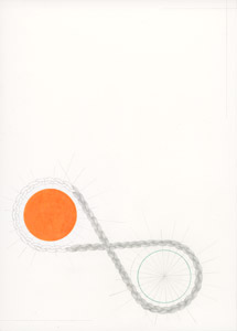 Marcia Breuer, shapes and hair; 2 Kreise, orange/grün (von jüngeren Angehörigen), Bleistift, Textmarker und Ölkreidestift auf Papier, 2016