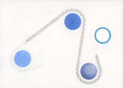 Marcia Breuer, shapes and hair; 2 Kreise, 1 Kugel und 1 Ring, blau (machine), Bleistift und Ölkreidestift auf Papier, 2016